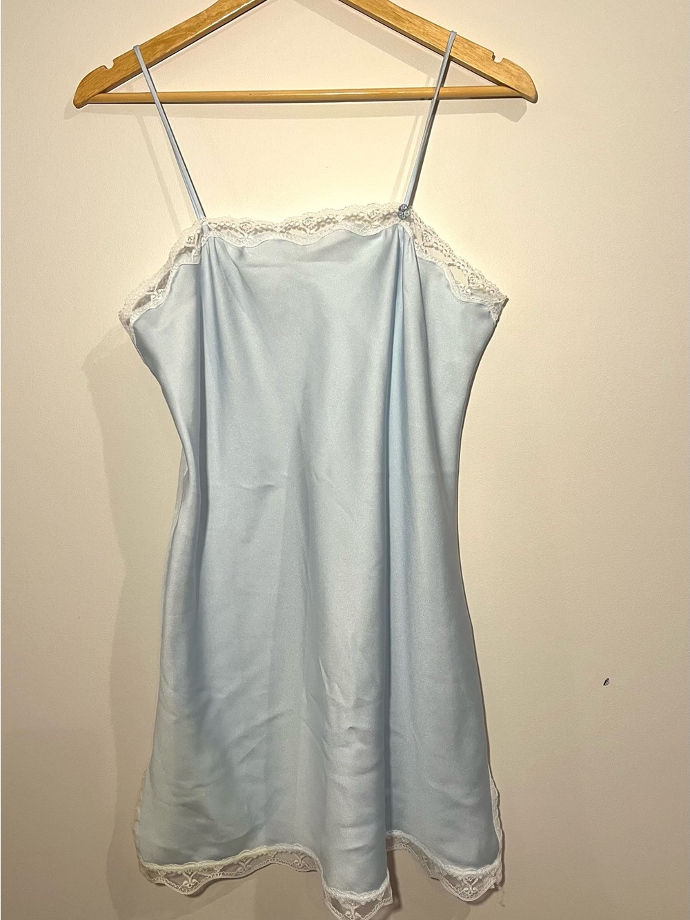 Vintage Light Blue Satin Slip Dress with White Lace Trim